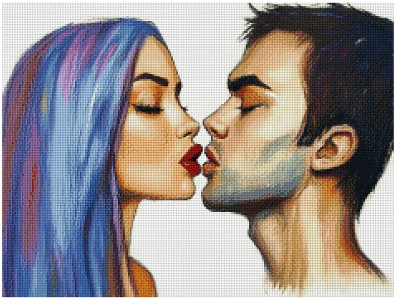 Diamond painting model image - close-up of a kiss, where a woman with blue-violet hair and bright red lipstick meets a man, the atmosphere is romantic and artistic.