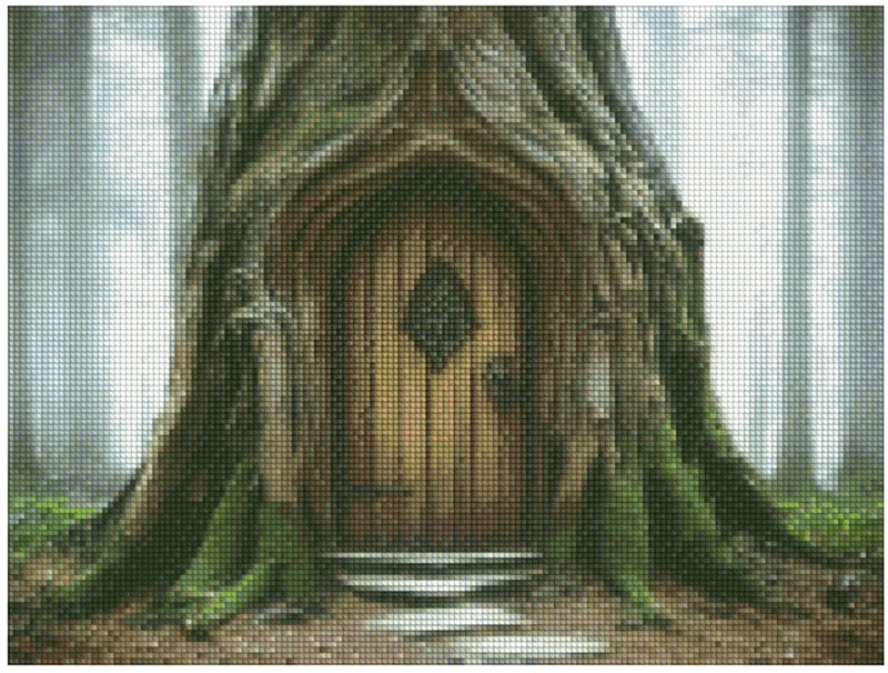 Diamond painting model image – a large, gnarled tree trunk with a wooden door carved into it and stone steps, surrounded by a misty forest, creating a mysterious atmosphere.