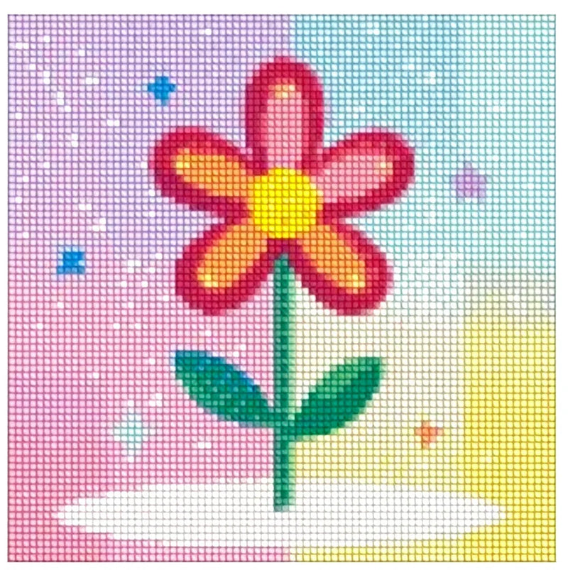 Diamond painting model image – stylized, red-yellow flower with a green stem, background with four bright pastel shades: purple, blue, yellow, and pink, the image is childlike and cheerful.