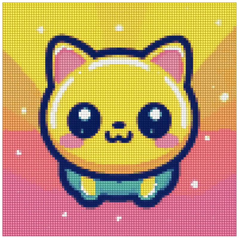 Diamond painting template - a round, cartoonish yellow cat with large blue eyes and pink cheeks, bright, radiant yellow and pink background.