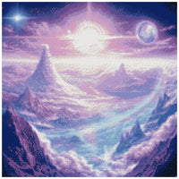 Thumbnail for Diamond painting pattern image – light violet and bluish hues, a glowing sun on the horizon, and cloud-like mist create a peaceful, dreamlike landscape.