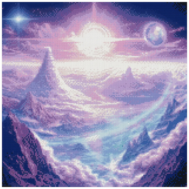 Diamond painting pattern image – light violet and bluish hues, a glowing sun on the horizon, and cloud-like mist create a peaceful, dreamlike landscape.