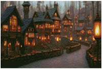 Thumbnail for Diamond painting model image – a warm orange light shines through the windows, dark roofs and a quiet alley create a peaceful, mythical atmosphere.