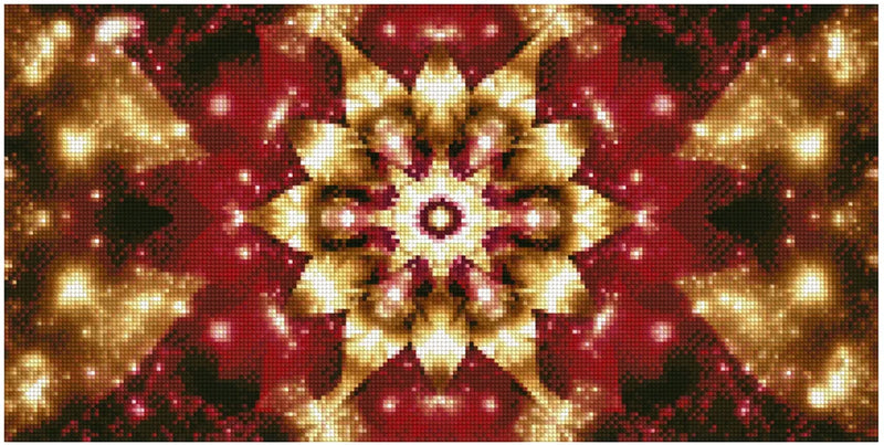 Diamond painting pattern image – a symmetrical radiant mandala design, with golden petals and a deep red background glowing jewel-like.