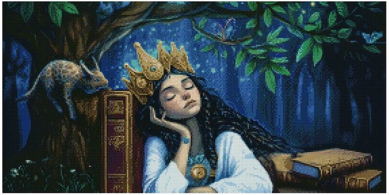 Diamond painting model image – golden crown, resting expression and surrounded by a dark blue forest, a cat resting on tree branches and a butterfly add a fairy tale feel.