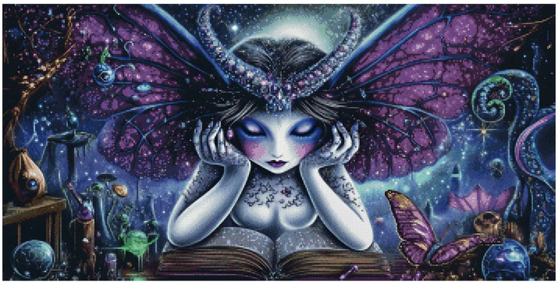 Diamond painting pattern image – a violet-winged fairy leans on a book in the middle of a star nebula, surrounded by glowing bottles, a butterfly, and cosmic colors.