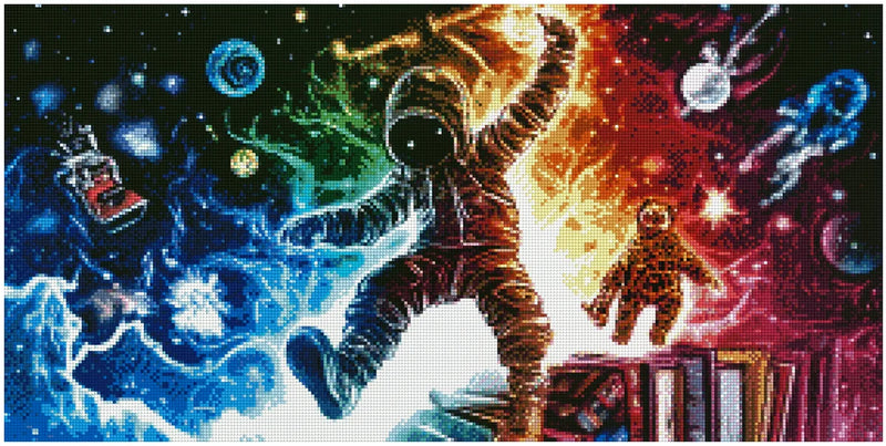 Diamond painting pattern image – an astronaut floats between blue and red light, with planets and shining stars in the background, creating an energetic and dynamic atmosphere.