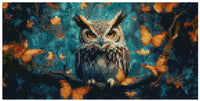Thumbnail for Diamond painting pattern image – a sharp-eyed owl on a branch, glowing orange leaves around, and a blue-green background creating a magical, autumnal atmosphere.