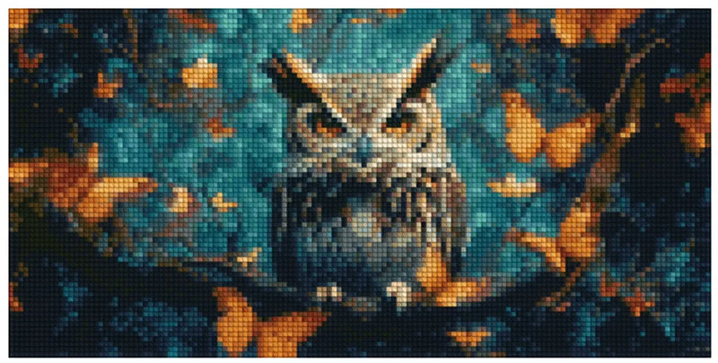Diamond painting pattern image – a sharp-eyed owl on a branch, glowing orange leaves around, and a blue-green background creating a magical, autumnal atmosphere.