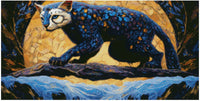 Thumbnail for Diamond painting pattern - a glowing yellow full moon, a blue-toned spotted cat sneaking on a branch, and a contrasting gold-blue color scheme.