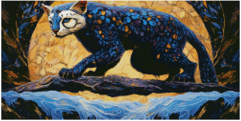 Diamond painting pattern - a glowing yellow full moon, a blue-toned spotted cat sneaking on a branch, and a contrasting gold-blue color scheme.