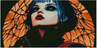 Thumbnail for Diamond painting reference image – dramatic close-up portrait, dark red lips, blue shading around the eyes, and an orange glass-like background pattern.