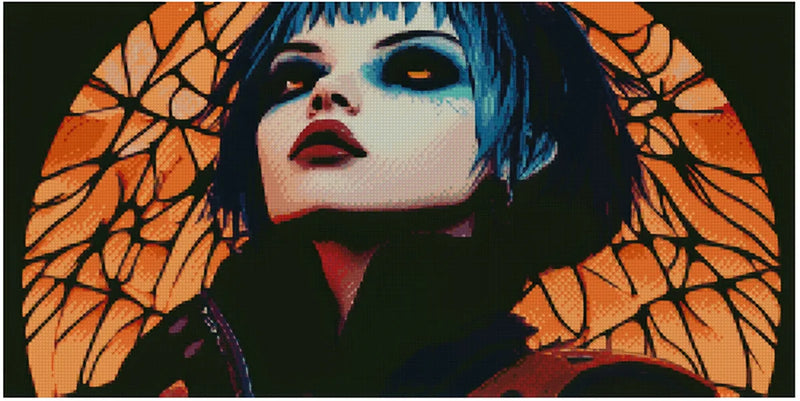 Diamond painting reference image – dramatic close-up portrait, dark red lips, blue shading around the eyes, and an orange glass-like background pattern.