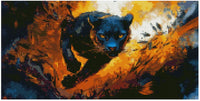 Thumbnail for Diamond painting pattern image – aggressive, diving panther, vibrant contrast of orange and blue, and dynamic movement in the middle of a flame-like background.