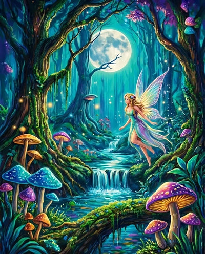 In the picture, a forest fairy under the moonlight, surrounded by colorful mushrooms and a waterfall.