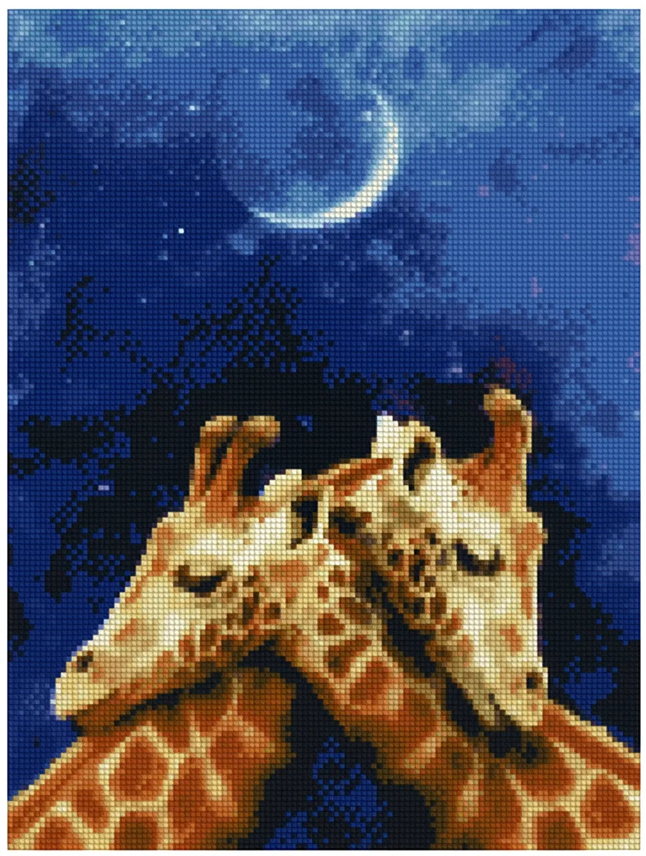Diamond painting pattern – two giraffes gently leaning against each other, with a deep blue starry sky and a glowing half-moon in the background.