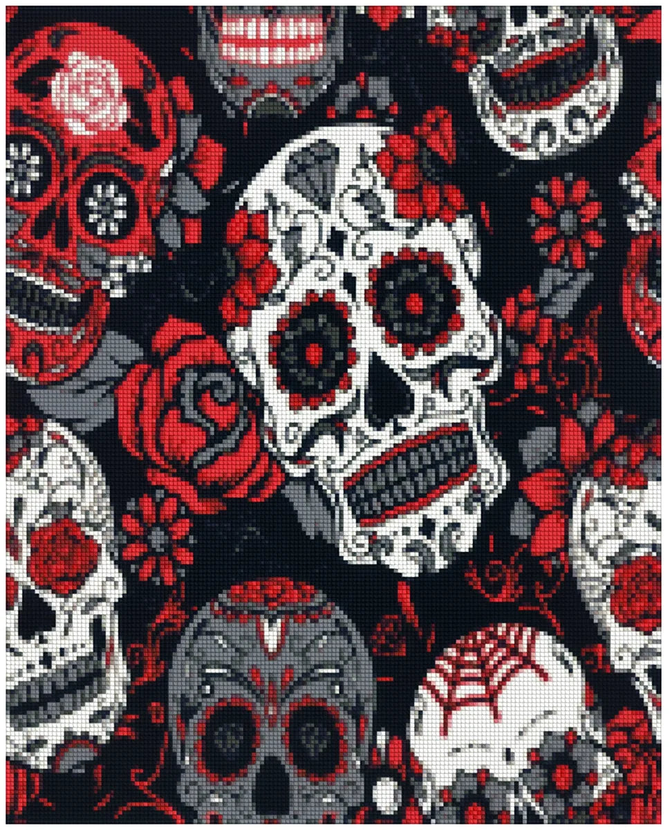 Diamond painting template image – decorative sugar skull-style skulls in shades of red, white, and gray on a dark background, with abundant flower and rose elements.