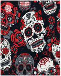 Thumbnail for Diamond painting template image – decorative sugar skull-style skulls in shades of red, white, and gray on a dark background, with abundant flower and rose elements.
