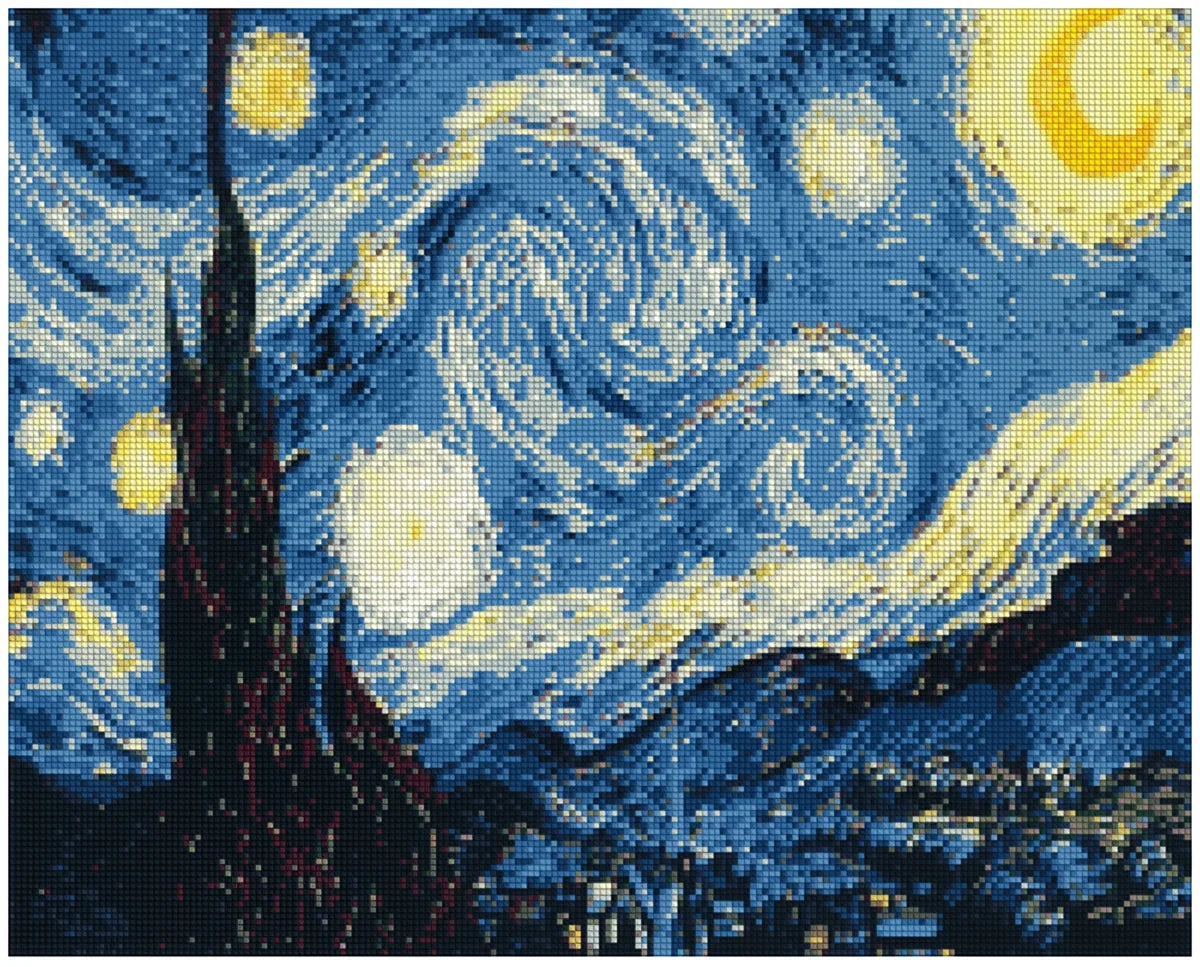 Diamond painting sample image – classic Starry Night interpretation, swirling blue sky, glowing yellow stars, and iconic landscape with atmospheric night light.