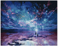 Thumbnail for Timanttimaalaus mallikuva – valtava sinivioletti tähtisumu räiskyvine valopisteineen, kaksi pientä hahmoa horisontissa ja kosmisen kaunis yömaisema.