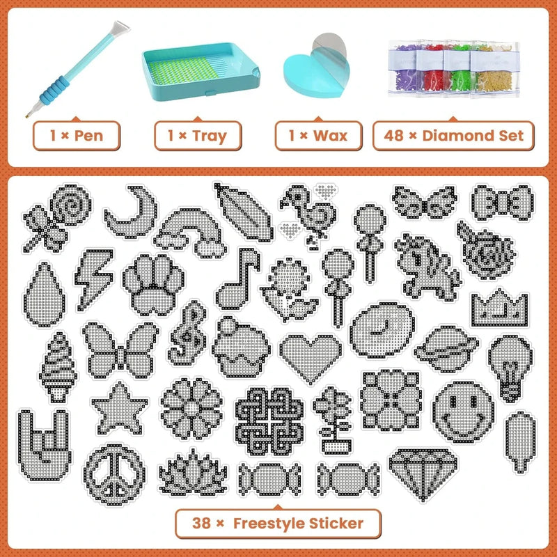 Diamond painting set supplies and 38 black and white sticker bases before decoration.