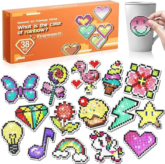 Ready-made diamond painting stickers: butterflies, unicorns, hearts, and other patterns.