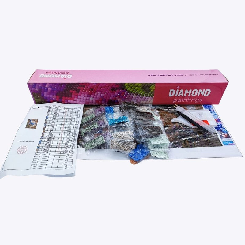 Contents of the Diamond Painting product package on the table