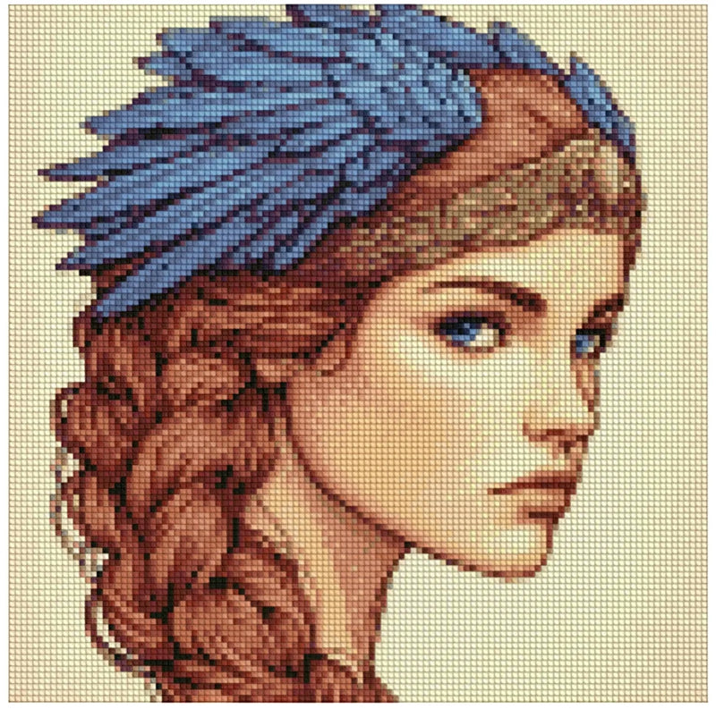 Diamond painting model image – a portrait of a young woman with blue eyes, braided hairstyle, and blue feathers/wings in her hair, creating a mythical or warrior-like impression.