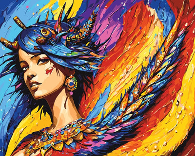 A colorful fantasy-themed woman with dragon scale decorations and bright feathers, Paint By Numbers.