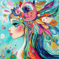 Thumbnail for An abstract female figure, whose bright feather decorations and colorful background create an energetic and modern impression.