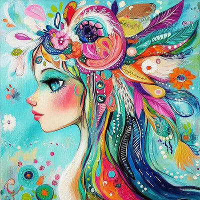 An abstract female figure, whose bright feather decorations and colorful background create an energetic and modern impression.