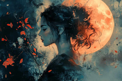 A female figure in front of a full moon, where the dark background highlights the details of the red leaves.
