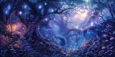 Enchanted forest, where crystal-clear lights illuminate the paths among the trees; the background is shaded in blue and violet, filled with detailed plants and flowing streams.