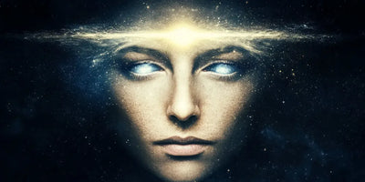 Enlightenment diamond painting: mystical face with glowing blue eyes and golden forehead light