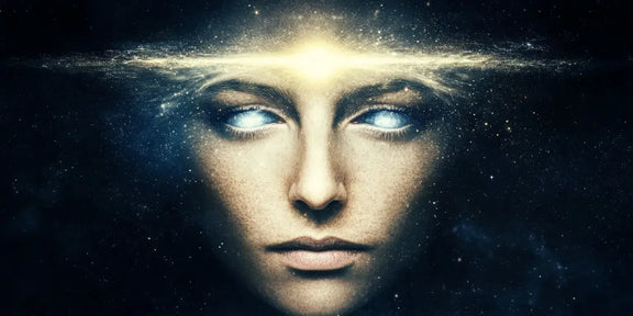Enlightenment diamond painting: mystical face with glowing blue eyes and golden forehead light