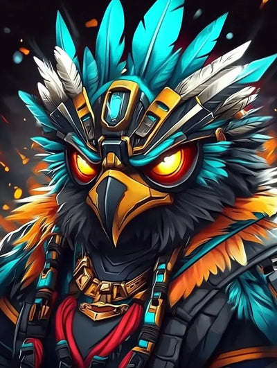 An eagle decorated with fiery hues looks intensely forward.