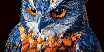 The picture shows an owl with detailed plumage and eyes that glow bright orange. The dark background accentuates the owl's intense expression.