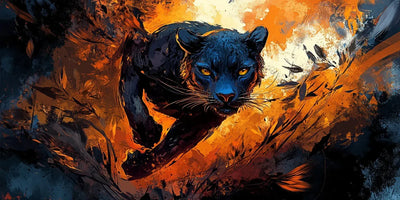 Fireborn Hunter diamond painting: black panther leaping through an explosion of orange and blue