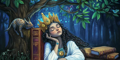 Forest Majesty diamond painting: sleeping princess among ancient books in an enchanted forest