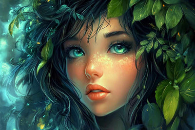A beautiful close-up of a woman surrounded by green leaves and natural tones. Blue eyes and a delicate expression create a mystical atmosphere.