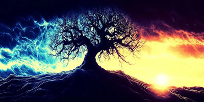 The silhouette of a tree against an electric landscape where light and shadow merge.