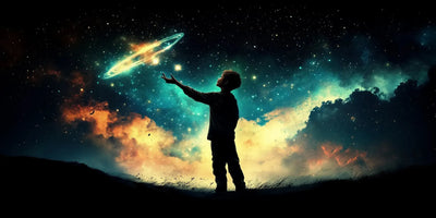 The child extends their hand towards the cosmic galaxy under the bright starry sky.
