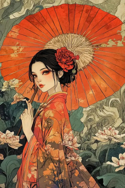 Oriental woman in a red kimono holding a parasol surrounded by flowers.