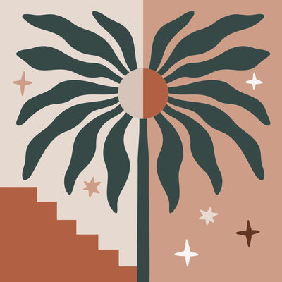 The image features a palm leaf and a geometric sun symbol in a minimalist style. Warm and earthy tones are visible in the background.