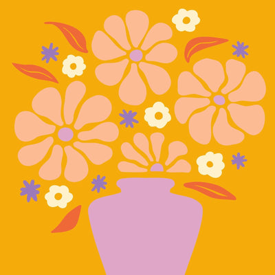 Yellow background and a colorful floral arrangement in a purple vase with pastel-colored flowers.