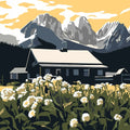 Thumbnail for  In the picture, there is a flowery meadow with a mountain cabin and majestic mountains rising in the background. The sky glows in warm shades of yellow.
