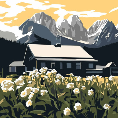  In the picture, there is a flowery meadow with a mountain cabin and majestic mountains rising in the background. The sky glows in warm shades of yellow.
