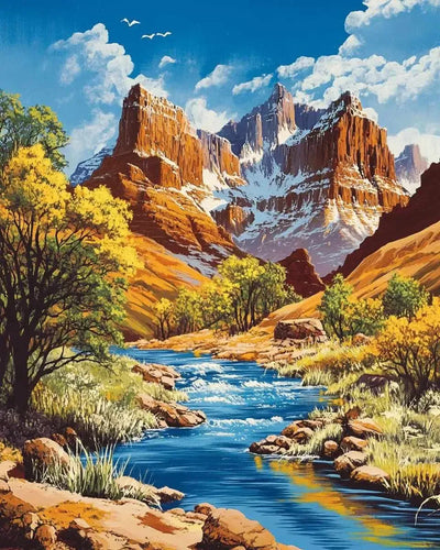 Mountain landscape with orange peaks and a blue river merging, surrounded by green trees and a clear sky.