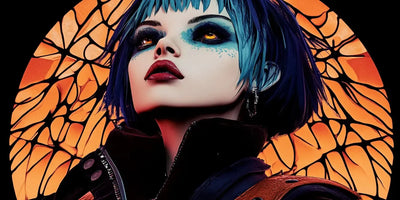 Gothic Diva diamond painting: portrait of a woman with blue-purple hair and stained glass backdrop