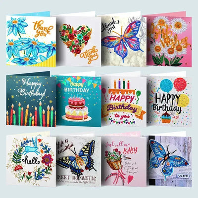 Set of 12 celebration-themed diamond painting greeting cards